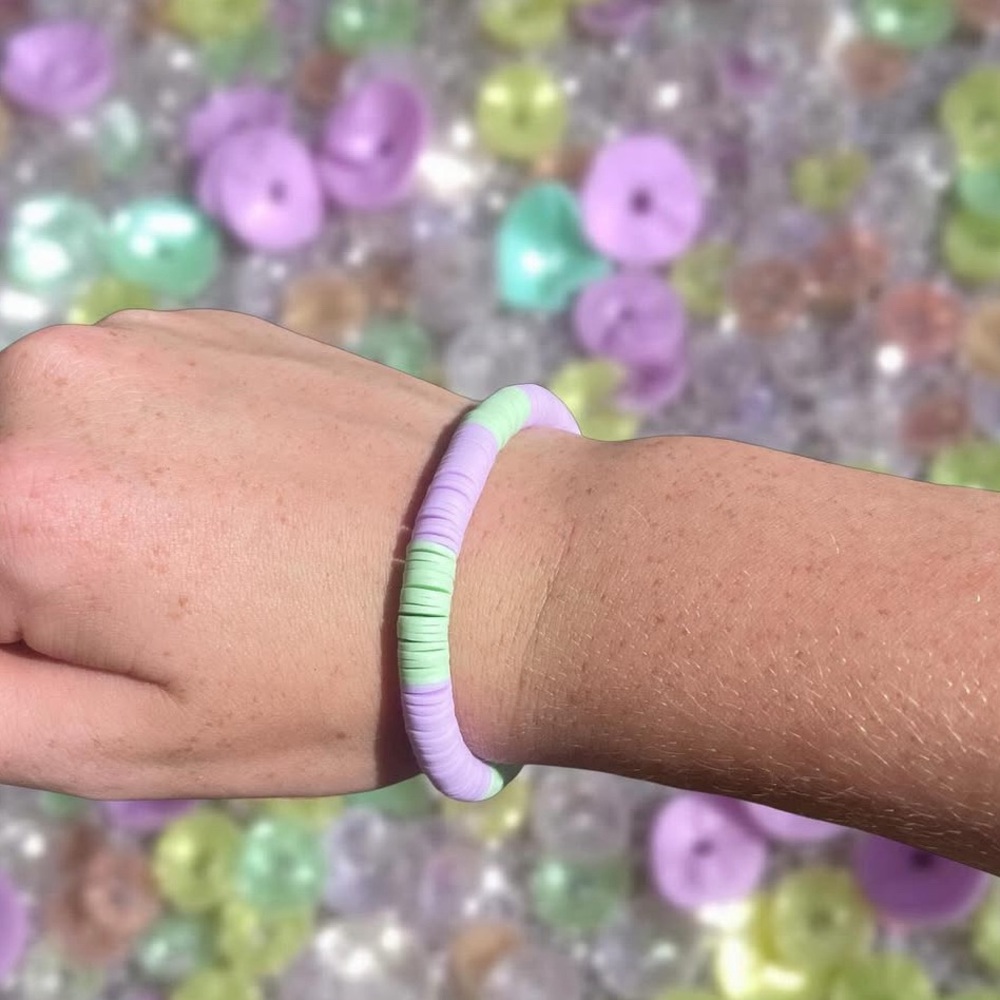 purple and green claybead bracelet
